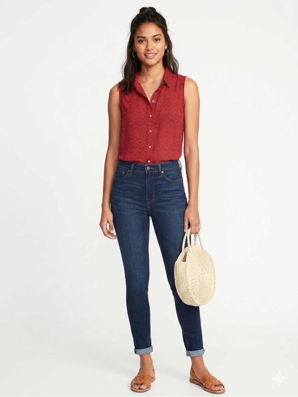 H&M Sleeveless Button-Down Red Printed Shirt
